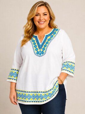 Catherines White Embroidered Embellished 3/4 Sleeve Popover Blouse Womens 2X NEW